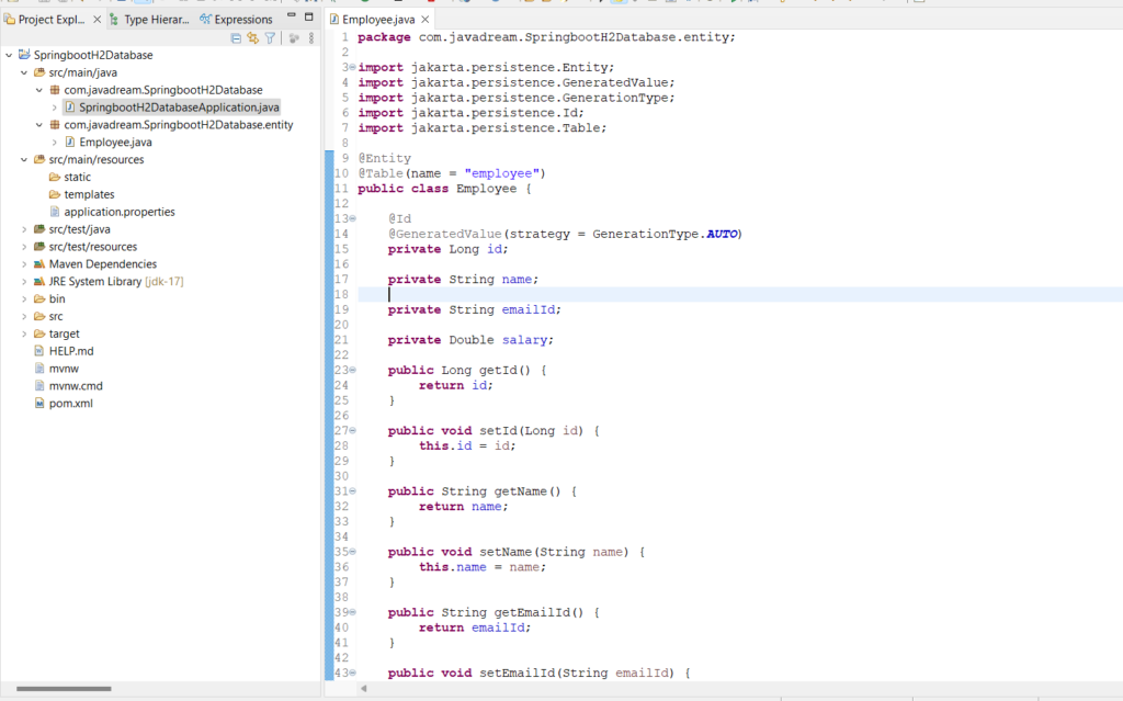 Entity class for H2 database table