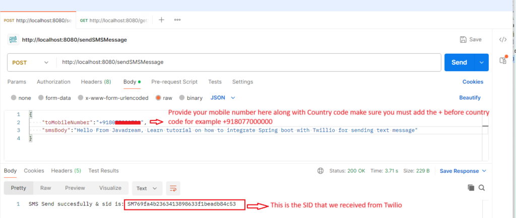 postman send sms to client twilio