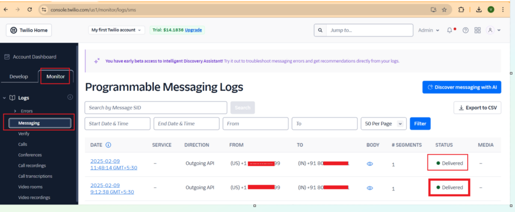 Twilio dasboard for SMS status