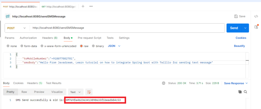 postman test twilio spring boot