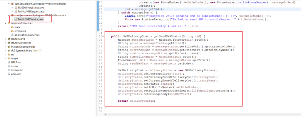 Code for SMS delivery status twilio spring boot