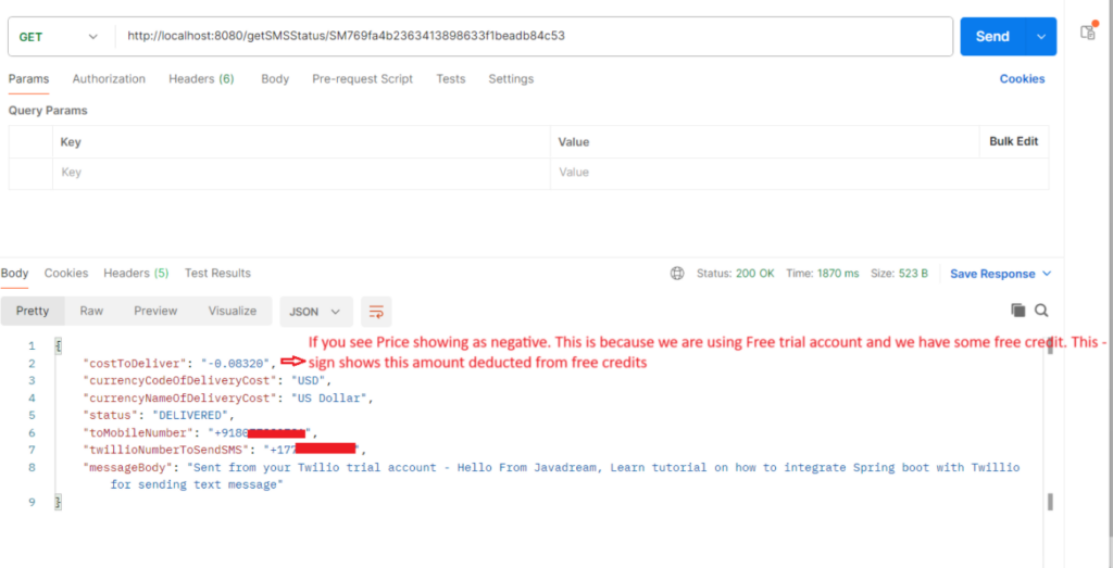 GET SMS Delivery Status programmatic way spring boot twilio
