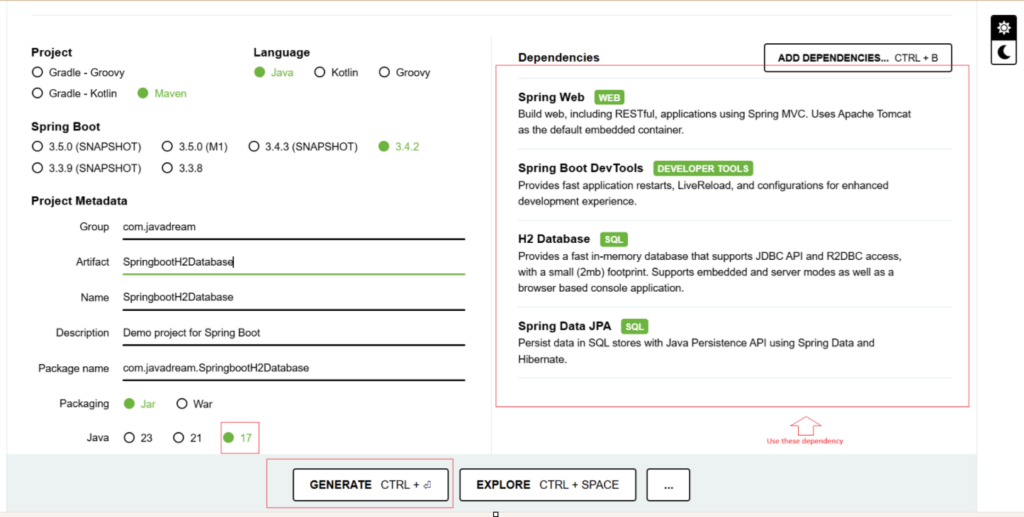 Spring io for creating Spring boot H2 database project