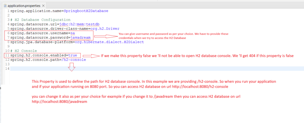 Spring boot properties for H2 database